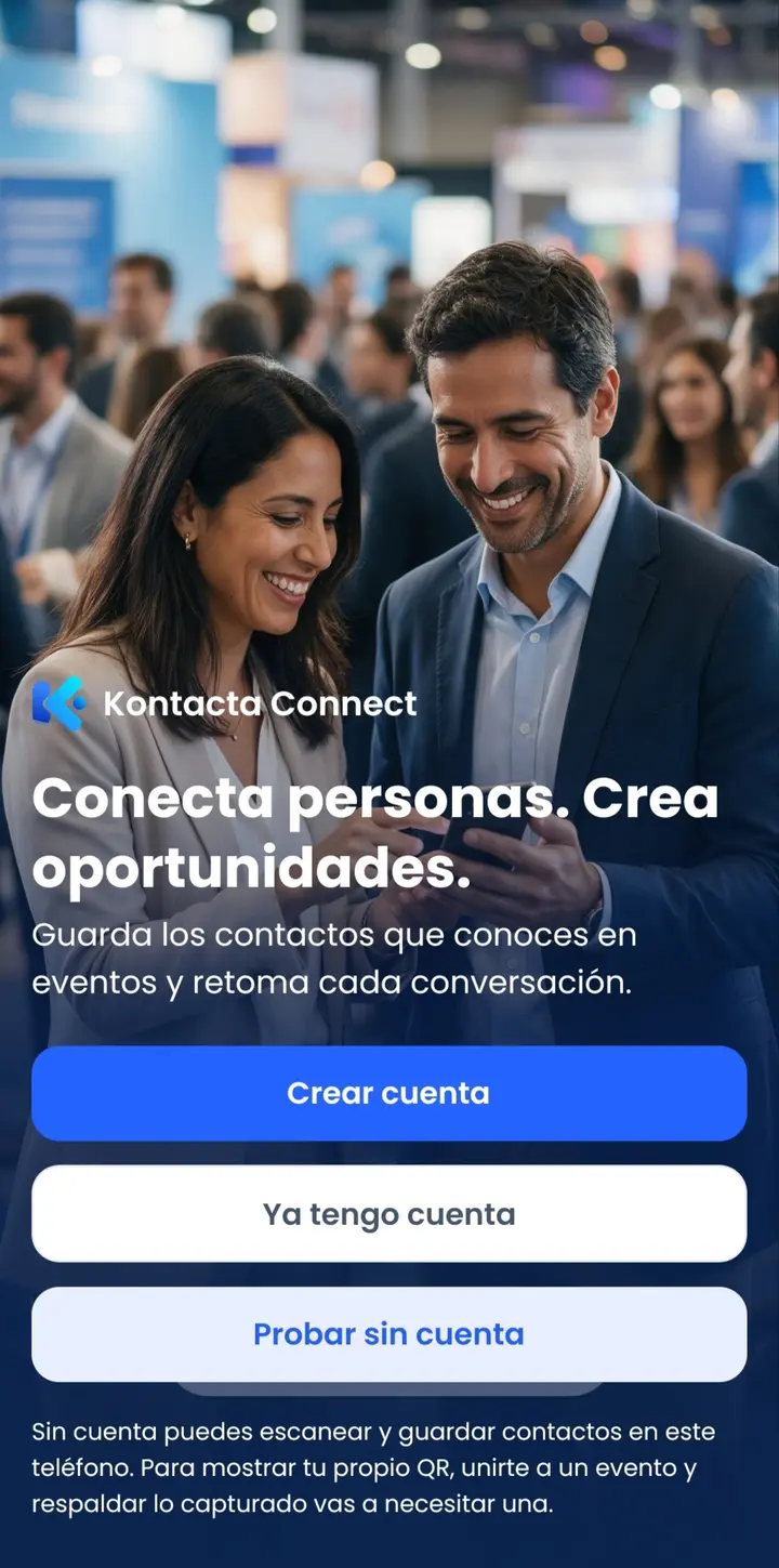 Pantalla de bienvenida de Kontacta Connect con opciones para crear una cuenta, entrar o probar la app.