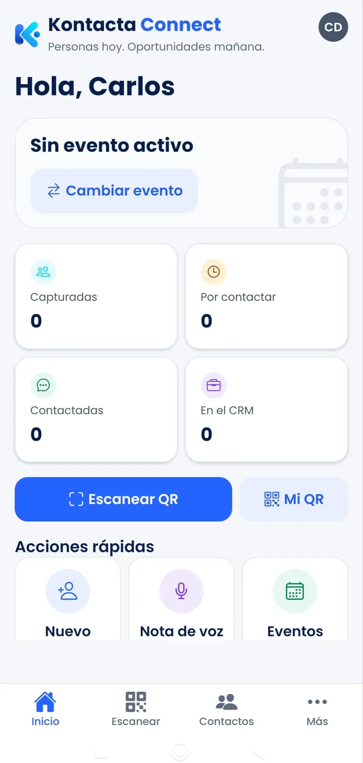 Pantalla de inicio de Kontacta Connect con resumen de contactos, acceso al QR y acciones rápidas.