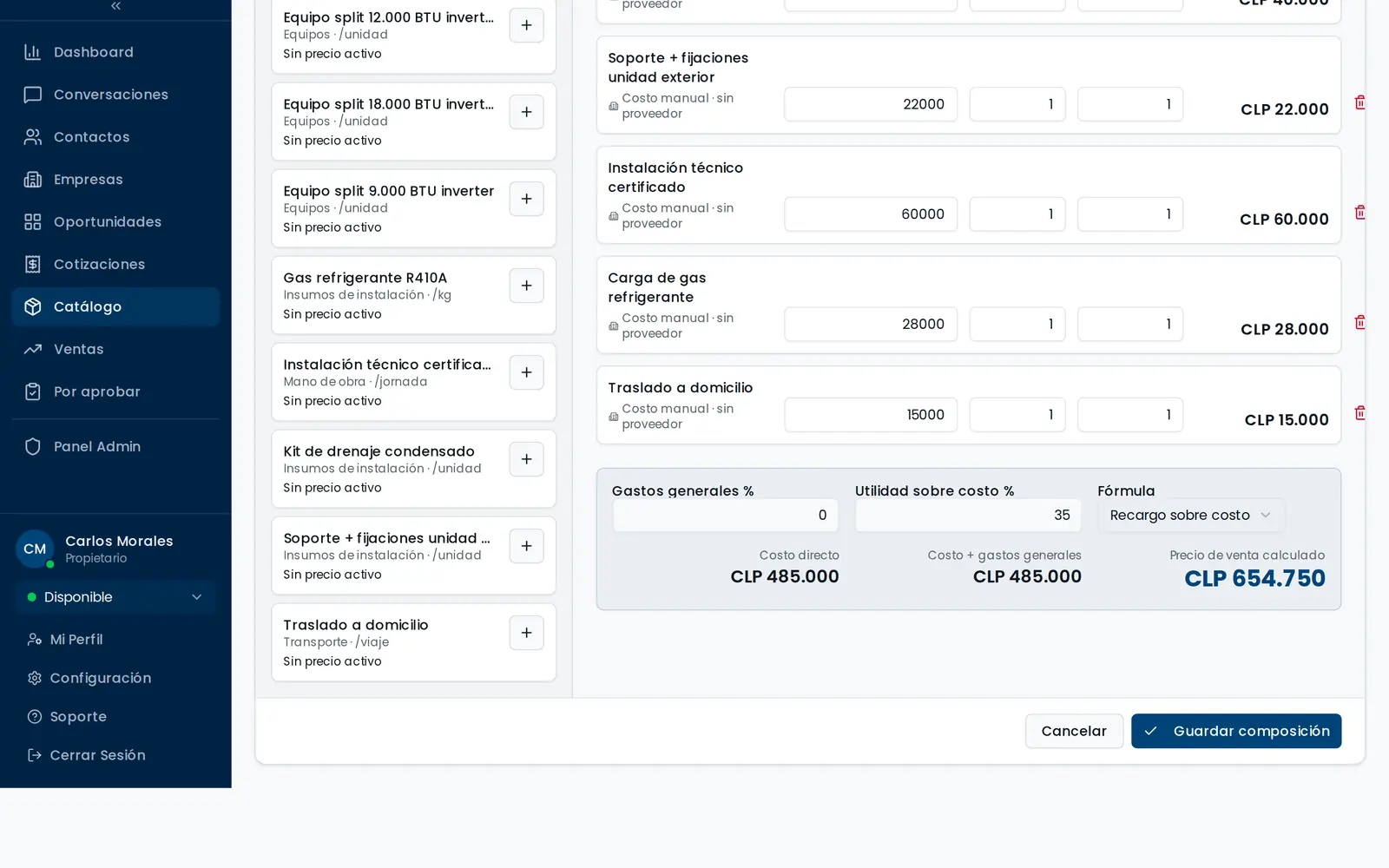 Compositor de costos de Kontacta: una instalación de split 12.000 BTU desglosada en equipo, cañería, soporte, mano de obra, gas y traslado. Abajo, el cálculo: costo directo CLP 485.000, utilidad 35%, precio de venta CLP 654.750.